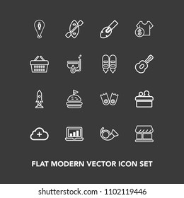 Modern, simple vector icon set on dark background with travel, bread, shovel, add, sandwich, graphic, white, computer, trumpet, boat, location, musical, sea, pin, spaceship, water, screen, canoe icons