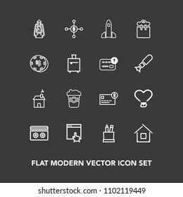 Modern, simple vector icon set on dark background with heart, stereo, space, tape, metal, investment, equipment, click, mug, bank, mouse, cup, lamp, balance, rocket, internet, box, dollar, love icons