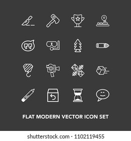 Modern, simple vector icon set on dark background with video, success, win, shipment, stationery, speech, global, transportation, technology, film, delivery, chat, communication, business, clock icons