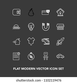 Modern, simple vector icon set on dark background with document, rent, finance, model, taxi, direction, house, south, fashion, money, wallet, contract, purse, transport, air, business, cash, car icons