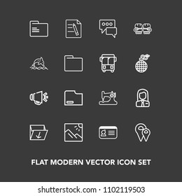 Modern, simple vector icon set on dark background with map, paper, road, folder, pin, location, competition, sew, craft, identification, id, job, scenery, sport, sign, bubble, photo, box, name icons