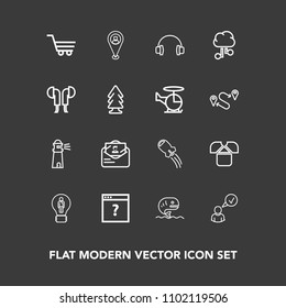 Modern, simple vector icon set on dark background with lighthouse, sound, unknown, business, envelope, tshirt, idea, water, white, seafood, fashion, light, web, fish, internet, map, spaceship icons