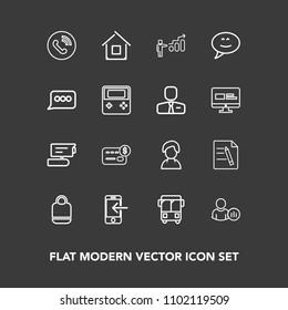 Modern, simple vector icon set on dark background with home, social, balance, architecture, building, style, phone, paper, transfer, camera, bus, road, money, progress, technology, speed, female icons