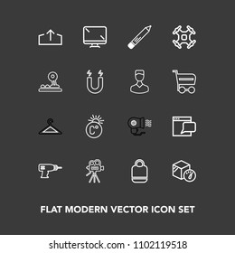 Modern, simple vector icon set on dark background with clothing, retro, electric, technology, pen, box, office, hanger, tripod, screen, shop, monitor, website, drill, download, white, clothes icons