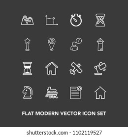 Modern, simple vector icon set on dark background with sign, boat, lamp, tower, strategy, vessel, road, plane, map, aircraft, architecture, interior, clock, horse, success, home, flight, travel icons