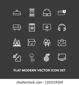 Modern, simple vector icon set on dark background with digital, box, power, suitcase, downstairs, luggage, metal, travel, trash, nature, trip, clock, bag, hour, landscape, id, timer, time, sand icons