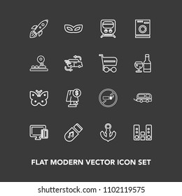Modern, simple vector icon set on dark background with party, business, boat, science, fly, play, wing, no, celebration, launch, lamp, masquerade, nautical, train, shuttle, insect, travel, sound icons