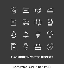 Modern, simple vector icon set on dark background with shopping, market, supermarket, love, light, financial, lamp, cup, bulb, transport, notification, wooden, cafe, drink, money, conference icons