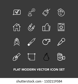Modern, simple vector icon set on dark background with film, handle, note, tag, internet, karaoke, message, whistle, profile, cancel, stationery, thermometer, temperature, pear, equipment, paper icons