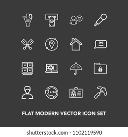 Modern, simple vector icon set on dark background with business, decoration, cash, machine, vase, communication, jug, male, safety, protection, rain, call, lock, crane, woman, white, mic, open icons