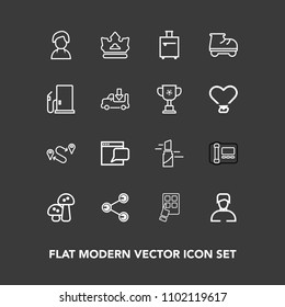 Modern, simple vector icon set on dark background with map, share, sign, red, website, boy, royal, lipstick, fashion, technology, position, bag, king, makeup, mobile, travel, stationary, chat icons