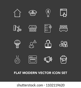 Modern, simple vector icon set on dark background with captain, love, sky, parachuting, parachute, building, home, unlock, voice, food, oven, fashion, kitchen, bucket, worker, container, network icons