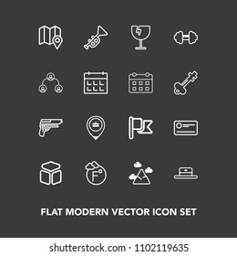 Modern, simple vector icon set on dark background with scale, firearm, trumpet, money, fashion, cheque, fahrenheit, gun, finance, square, job, nature, nation, jazz, pin, mountain, exercise, blue icons