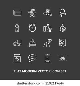 Modern, simple vector icon set on dark background with eiffel, faucet, truck, speech, landmark, safety, food, paris, vehicle, cancel, safe, order, lorry, card, white, tap, street, sink, cycle icons