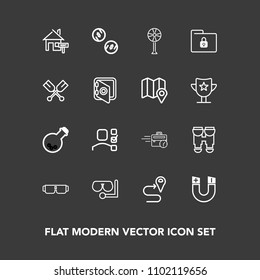 Modern, simple vector icon set on dark background with vision, fashion, property, currency, estate, rent, field, sitting, navigation, technology, finance, money, home, plan, diving, map, glass icons