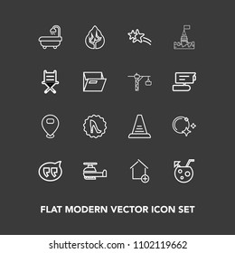 Modern, simple vector icon set on dark background with step, apartment, sky, chat, ladder, glass, helicopter, frame, cocktail, bubble, summer, elegance, night, transport, map, interior, falling icons