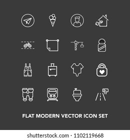 Modern, simple vector icon set on dark background with bag, road, clothing, optical, street, traffic, leather, transportation, view, vision, communication, railway, trip, restroom, equipment, wc icons