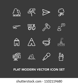 Modern, simple vector icon set on dark background with tree, karaoke, home, equipment, wildlife, summer, message, forest, spaceship, stationery, sea, environment, spacecraft, animal, lens, video icons