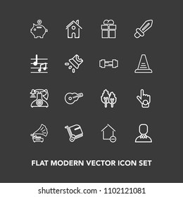 Modern, simple vector icon set on dark background with nature, architecture, landscape, finance, finger, baggage, estate, index, coin, property, house, investment, tree, apartment, phone, male icons
