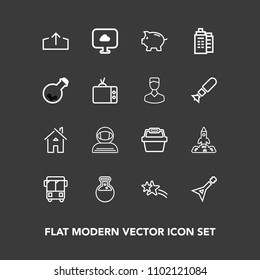 Modern, simple vector icon set on dark background with road, basket, bus, music, space, white, launch, shiny, money, musical, star, falling, coin, real, estate, store, cosmonaut, investment, web icons