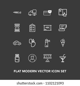 Modern, simple vector icon set on dark background with sea, hobby, glass, plug, male, instrument, computer, cigarette, summer, juice, sport, internet, fire, lighthouse, money, technology, strike icons
