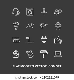 Modern, simple vector icon set on dark background with screen, beauty, shipping, good, style, electric, mexico, headset, power, success, sky, bottle, computer, object, business, support, ocean icons