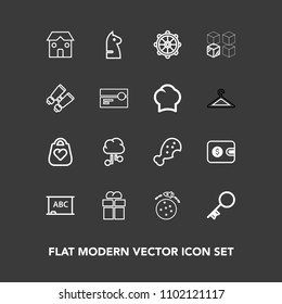 Modern, simple vector icon set on dark background with travel, meal, space, cash, fashion, chalkboard, construction, house, communication, fast, game, chicken, door, internet, key, cloud, horse icons