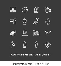 Modern, simple vector icon set on dark background with forest, sound, send, spacesuit, music, location, vision, watch, email, technology, communication, food, camera, navigation, earth, male icons