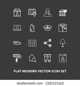 Modern, simple vector icon set on dark background with internet, calendar, transportation, house, brush, travel, day, sign, train, architecture, building, railway, vision, paint, schedule, map icons