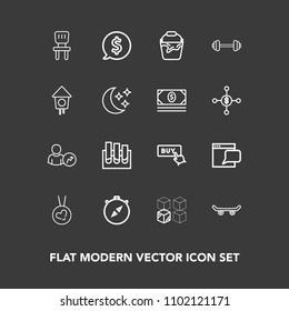 Modern, simple vector icon set on dark background with business, medical, fashion, internet, skater, website, skateboard, love, direction, frame, extreme, research, skate, chat, home, container icons