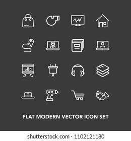Modern, simple vector icon set on dark background with musical, hand, cart, referee, architecture, power, home, machine, bugle, diagnostic, internet, sale, sport, technology, headphone, object icons