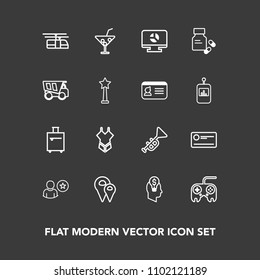 Modern, simple vector icon set on dark background with fashion, concept, pharmacy, train, template, suitcase, bugle, idea, technology, pin, cocktail, payment, travel, profile, sky, rail, bikini icons