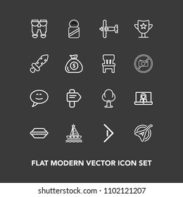 Modern, simple vector icon set on dark background with travel, message, technology, musical, call, nature, video, bubble, vision, salt, food, lettuce, airplane, view, hamburger, arrow, boat, bun icons