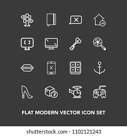 Modern, simple vector icon set on dark background with female, hanger, cord, web, coaxial, transportation, lettuce, book, shoe, helm, door, hamburger, room, package, air, finance, weight, style icons