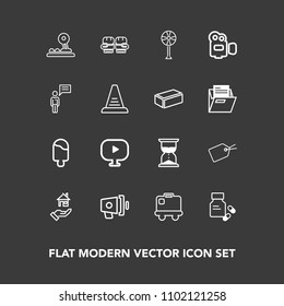 Modern, simple vector icon set on dark background with sign, announcement, medical, vitamin, cream, fan, tag, estate, technology, cooler, medicine, baggage, airport, ventilator, media, arrow icons
