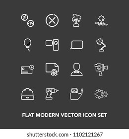 Modern, simple vector icon set on dark background with diploma, camera, nature, video, water, finance, award, handle, steam, kitchen, cancel, fashion, sack, hat, hand, male, business, equipment icons