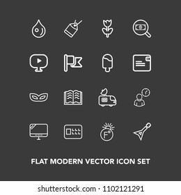 Modern, simple vector icon set on dark background with water, sale, carnival, safe, liquid, musical, clock, guitar, hour, van, book, computer, safety, white, television, drop, rain, thermometer icons