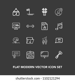 Modern, simple vector icon set on dark background with camp, white, laptop, beach, sign, success, garbage, template, personal, smile, development, trash, beacon, fish, certificate, diploma, baja icons