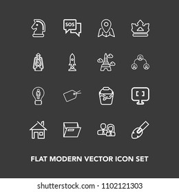 Modern, simple vector icon set on dark background with laptop, office, pc, location, bucket, sos, pin, web, home, equipment, strategy, business, container, crown, house, chess, computer, sign icons