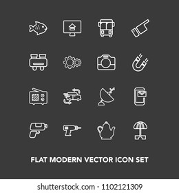 Modern, simple vector icon set on dark background with umbrella, property, equipment, sea, estate, hand, radio, phone, tea, white, drink, drill, dish, transport, business, car, house, machine icons