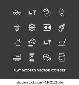 Modern, simple vector icon set on dark background with money, scale, timer, clock, cash, interior, balance, rent, box, finance, real, pay, credit, website, hour, weight, estate, check, water icons