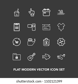 Modern, simple vector icon set on dark background with folder, point, security, ribbon, home, water, steam, sale, safety, finger, bag, present, kitchen, gesture, box, building, price, gift, food icons