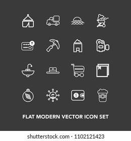 Modern, simple vector icon set on dark background with trolley, buy, wallet, technology, truck, adventure, hat, file, cap, shop, cup, camp, vehicle, sunrise, coffee, mug, finance, web, sink, tap icons