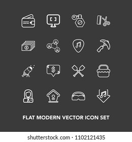 Modern, simple vector icon set on dark background with wallet, employer, perfume, pc, square, paddle, star, canoe, astronomy, food, bottle, bird, home, internet, boat, house, cash, money, job icons