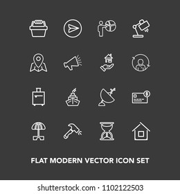 Modern, simple vector icon set on dark background with dish, money, web, , time, card, satellite, shovel, house, credit, building, technology, bag, umbrella, hour, home, balance, basket, trip icons