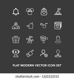 Modern, simple vector icon set on dark background with stationery, shirt, gift, business, account, human, showing, place, profile, video, leather, fashion, bell, handle, landmark, box, avatar icons