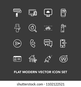 Modern, simple vector icon set on dark background with tool, mail, document, brush, technology, shopping, telephone, card, paint, payment, astronomy, name, danger, identity, telescope, sos, roll icons
