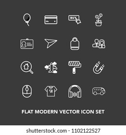 Modern, simple vector icon set on dark background with science, plane, move, roller, buy, card, plastic, pole, money, sound, stereo, search, roll, balloon, audio, real, flight, music, device icons
