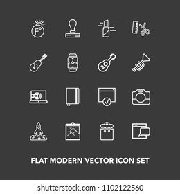 Modern, simple vector icon set on dark background with picture, envelope, scale, temperature, science, chat, book, space, frame, hair, rocket, film, shuttle, launch, online, photo, red, camera icons