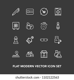 Modern, simple vector icon set on dark background with hand, laundry, estate, safety, trolley, appliance, architecture, pharmacy, sunglasses, retail, write, strategy, house, , window, cart, shop icons